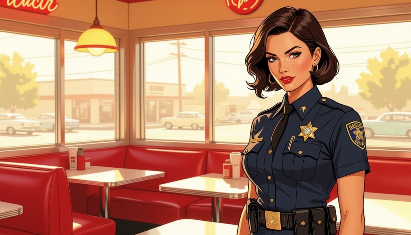 Sheriff Woman in Retro Diner, Bold Comic Style
