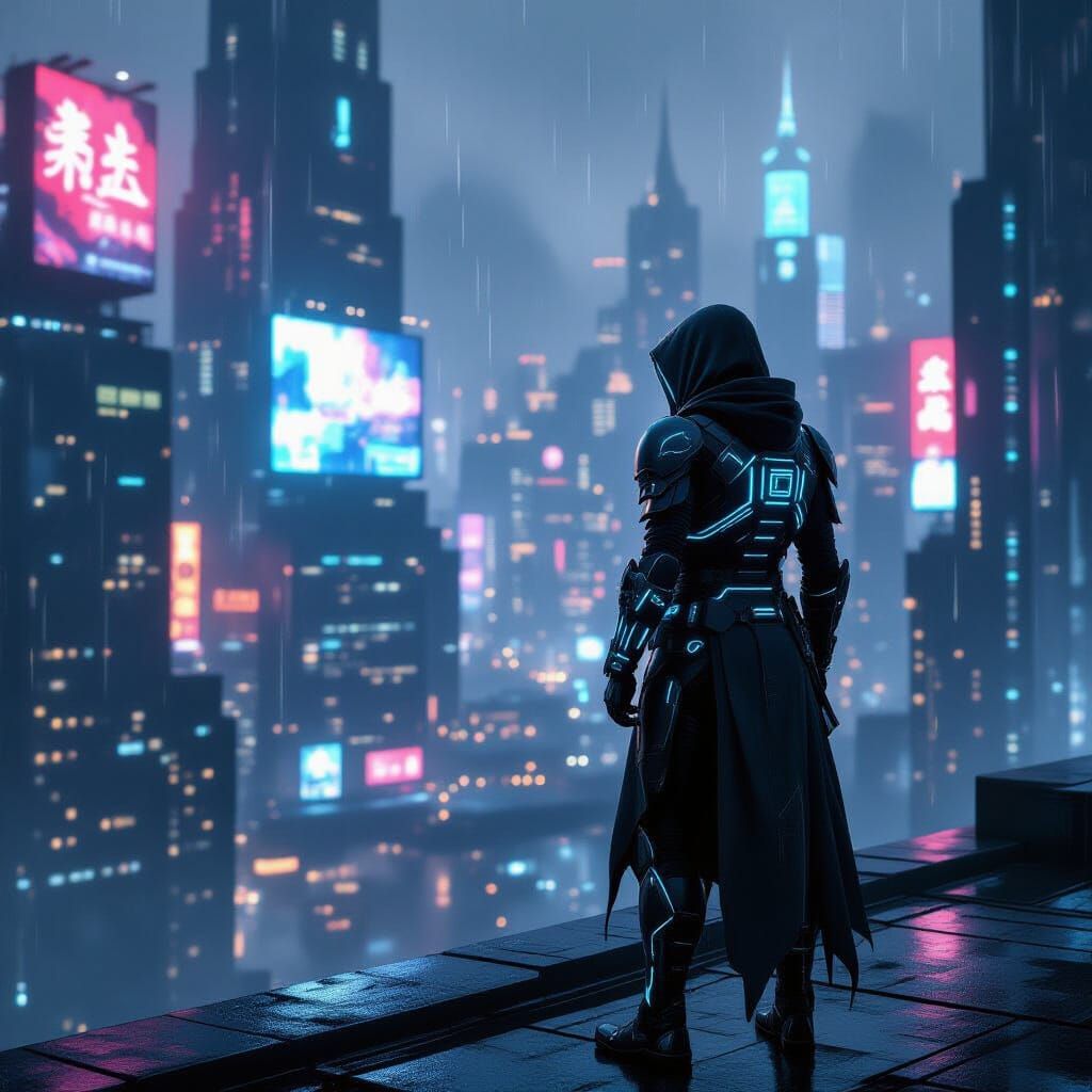 Cyberpunk Warrior on Neon Rooftop