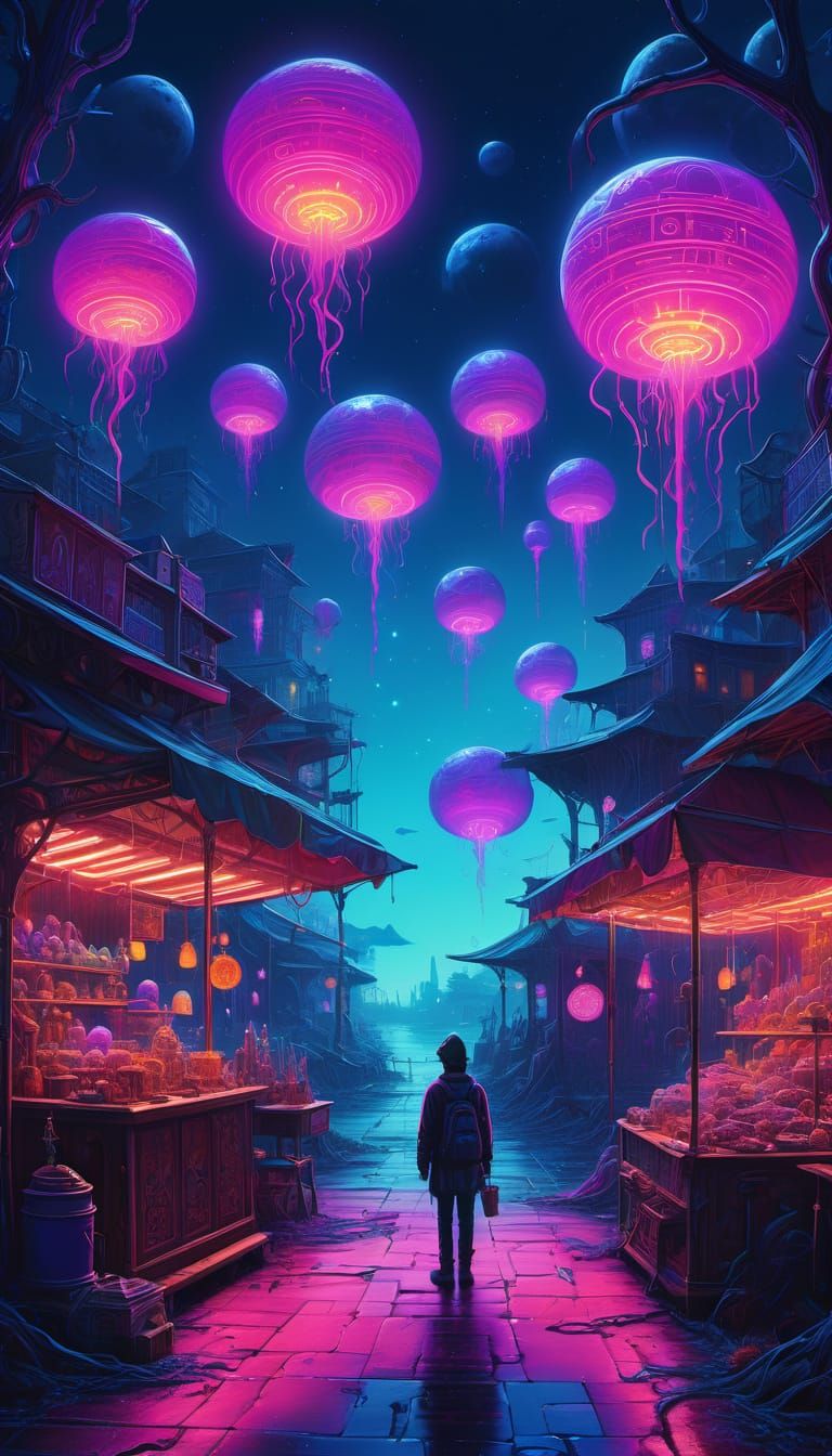 Dreamlike Marketplace in Vibrant Surrealism