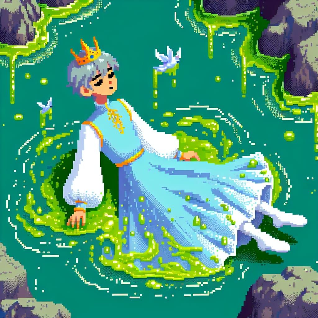 Pixelated Princess Floating in Toxic River