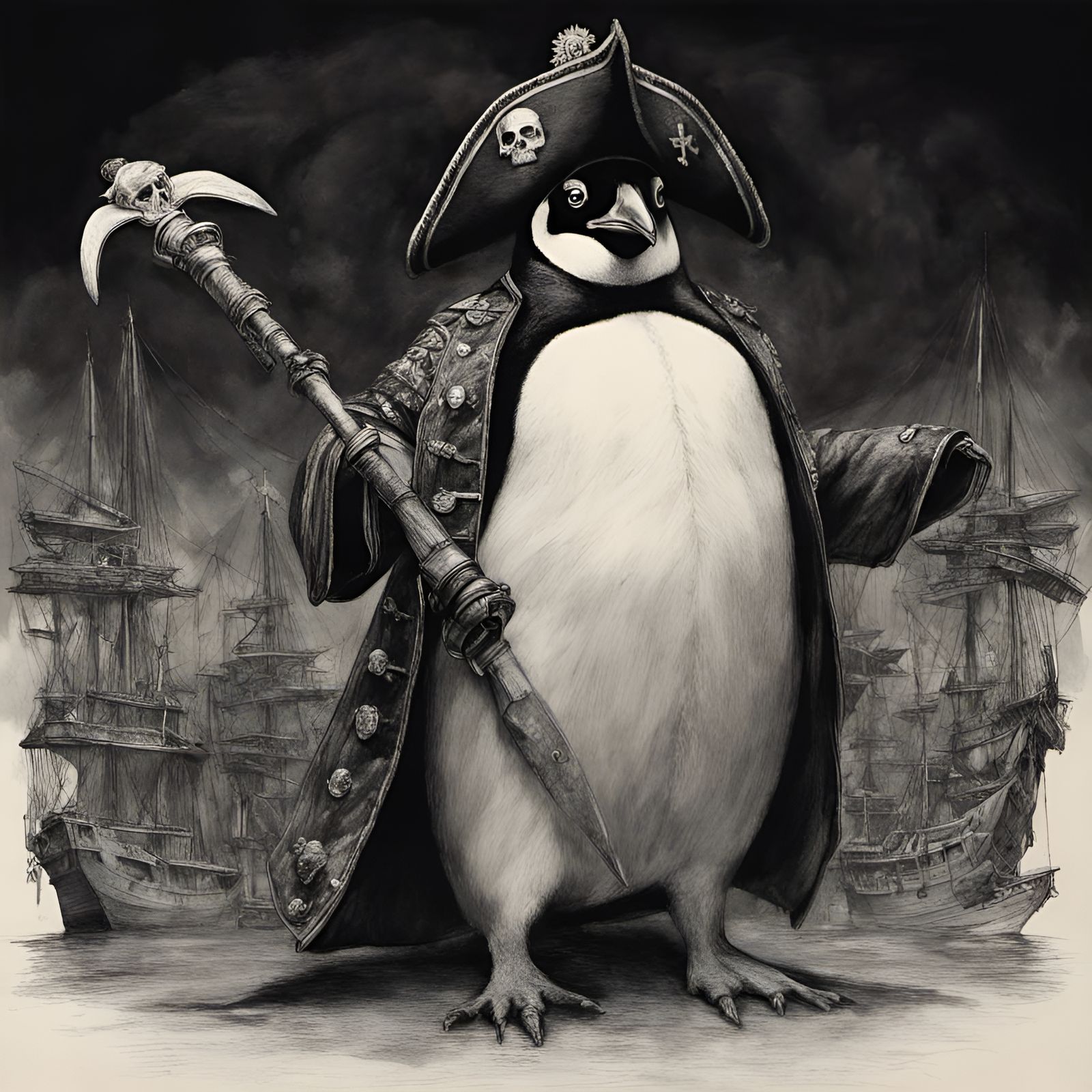 Penguin Pirate Charcoaled Drawing