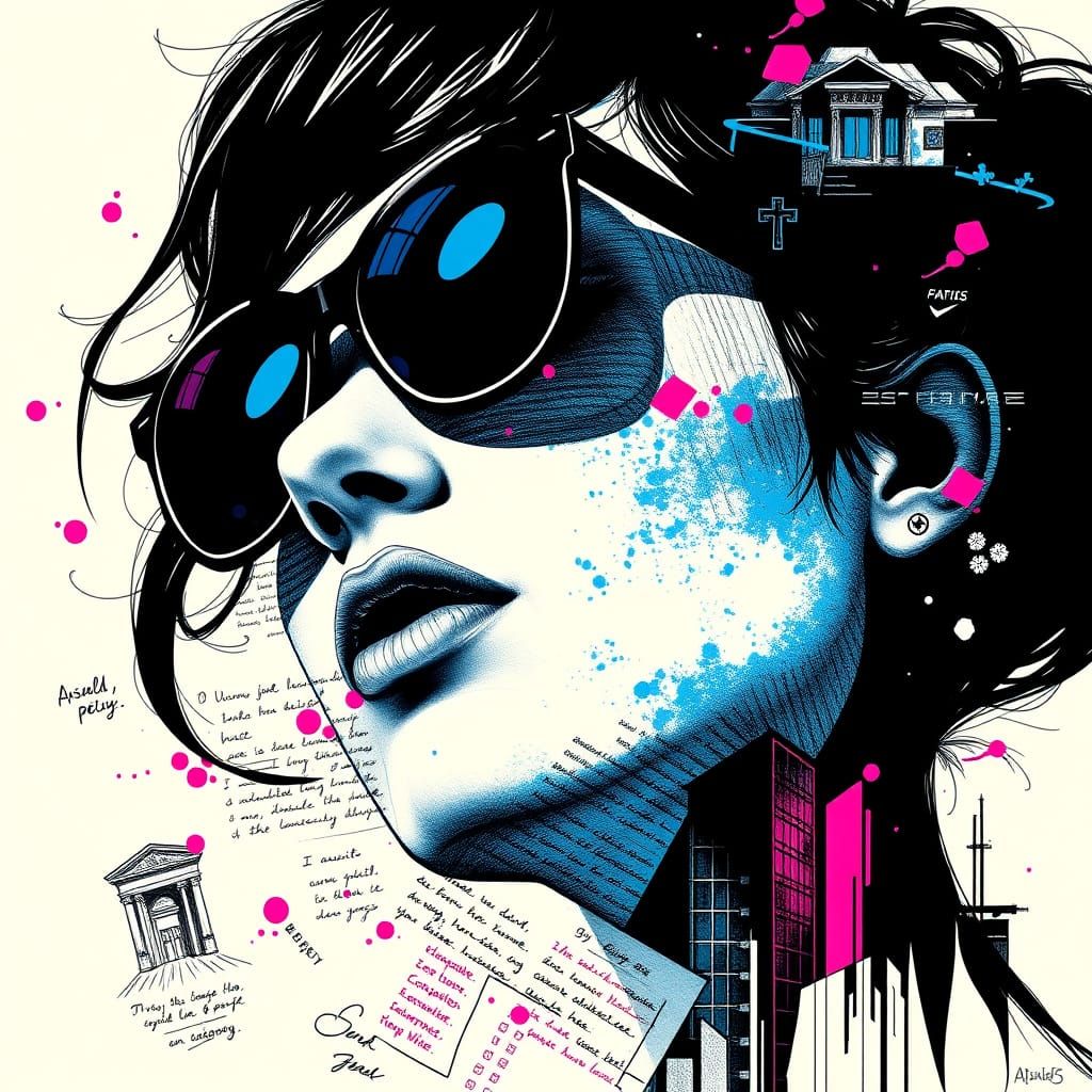 A vibrant Riso print showcases an abstract portrait of a woman, dominated by a striking black and white halftone aesthet...