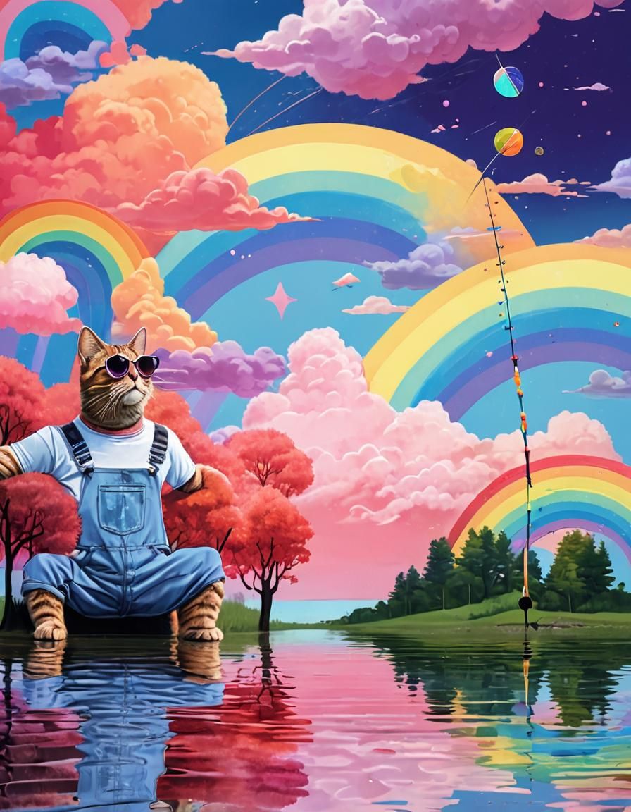 Tabby Cat Fishing in Rainbow Pond, Expressionist Watercolor