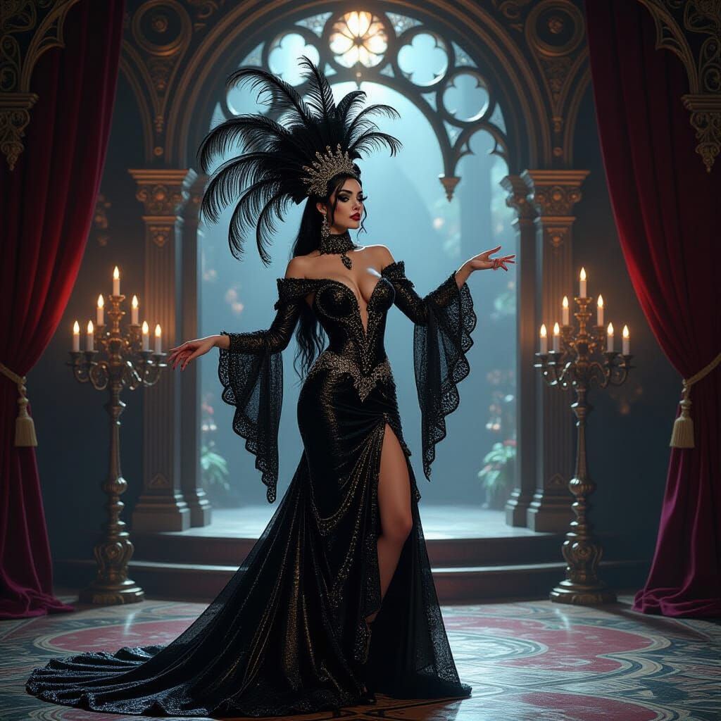 Gothic Showgirl Performance in Art Nouveau Style