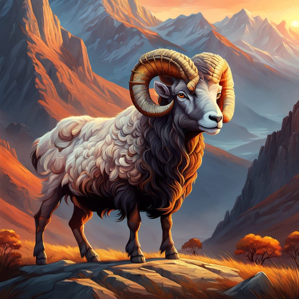 Majestic Ram in Golden Light Oil Painting