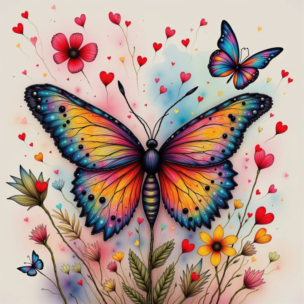 Whimsical Butterfly on Flower in Digital Watercolor