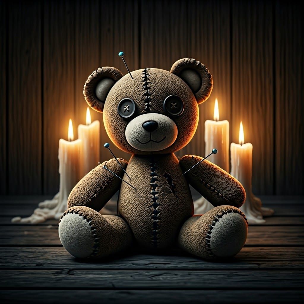 Creepy Voodoo Teddy Bear in Dark Horror Scene