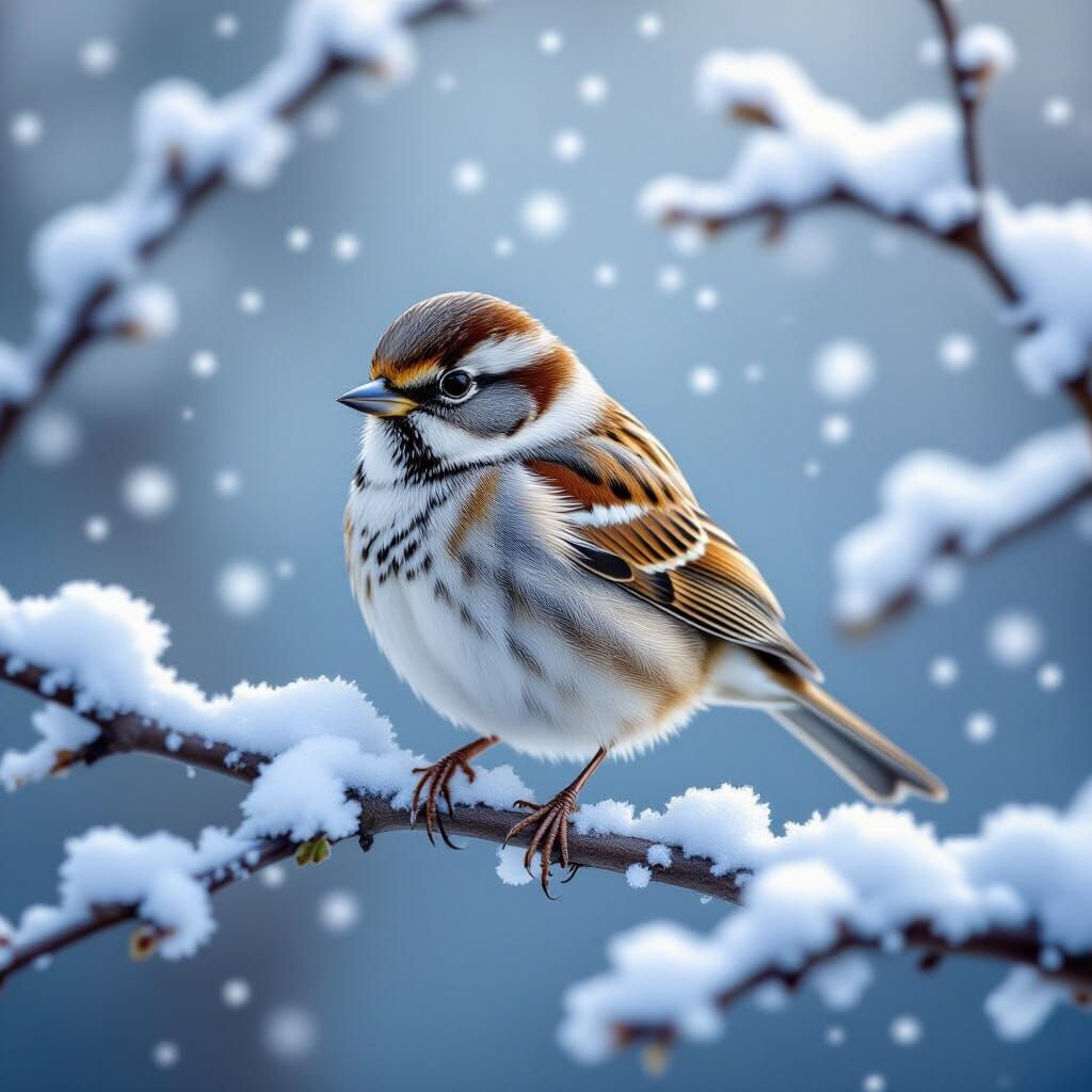Tiny Sparrow Perched on Snowy Branch in Winter Scene