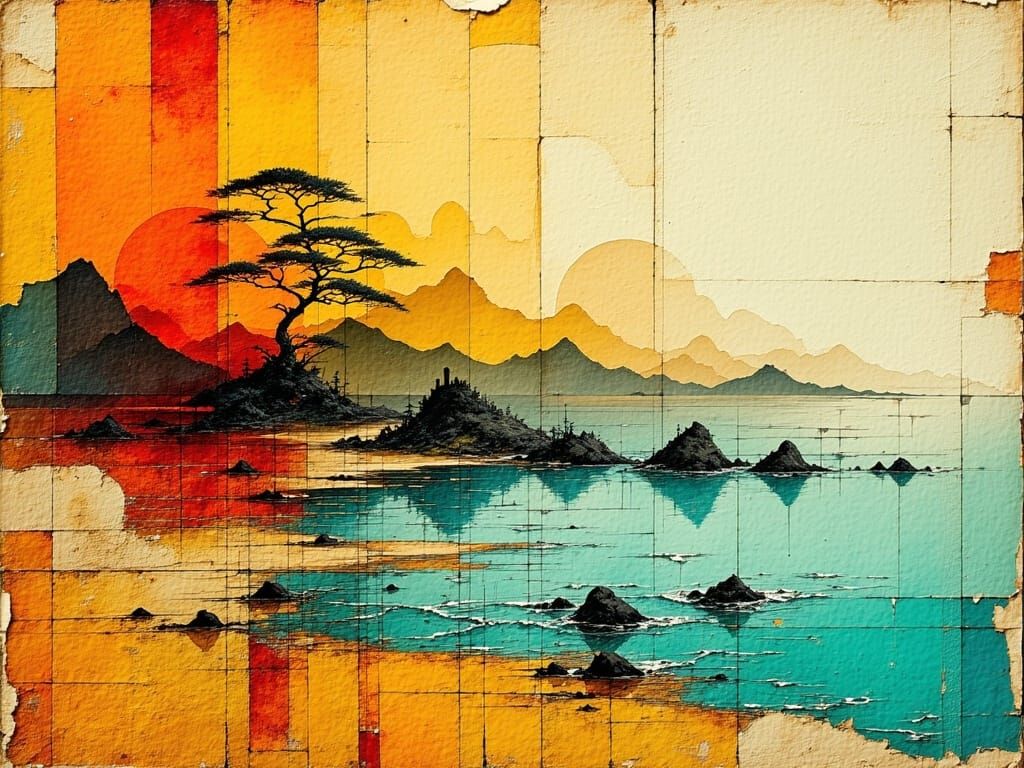 Whimsical Cityscape Doodle in Burnt Orange and Turquoise