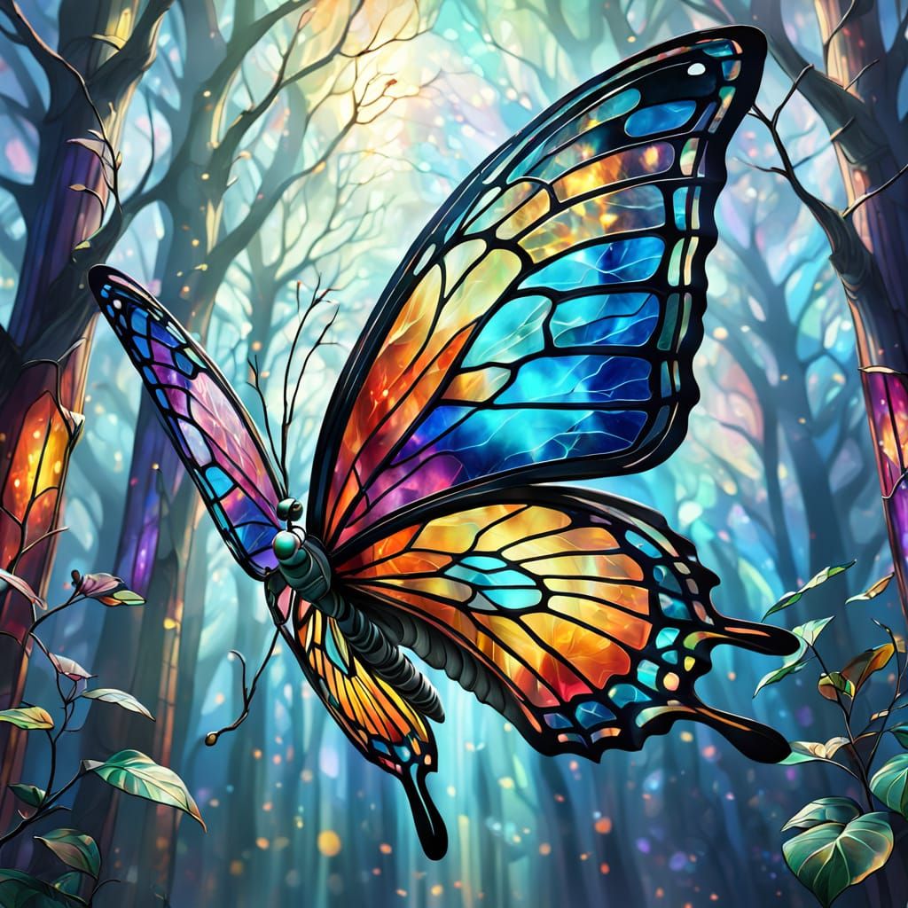 Surreal Stained-Glass Butterfly Takes Flight in a Vibrant Fa...