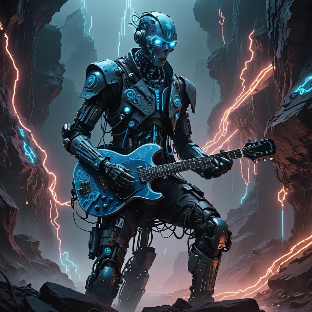 Cyberpunk Musician in Misty Canyon, Surreal Portrait