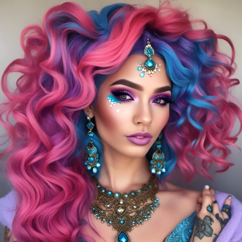 Colorful Haired Woman with Henna Tattoos