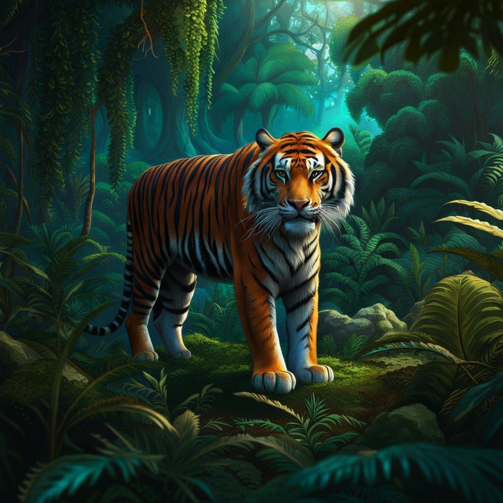 Majestic Tiger in Jungle, Detailed Matte Painting