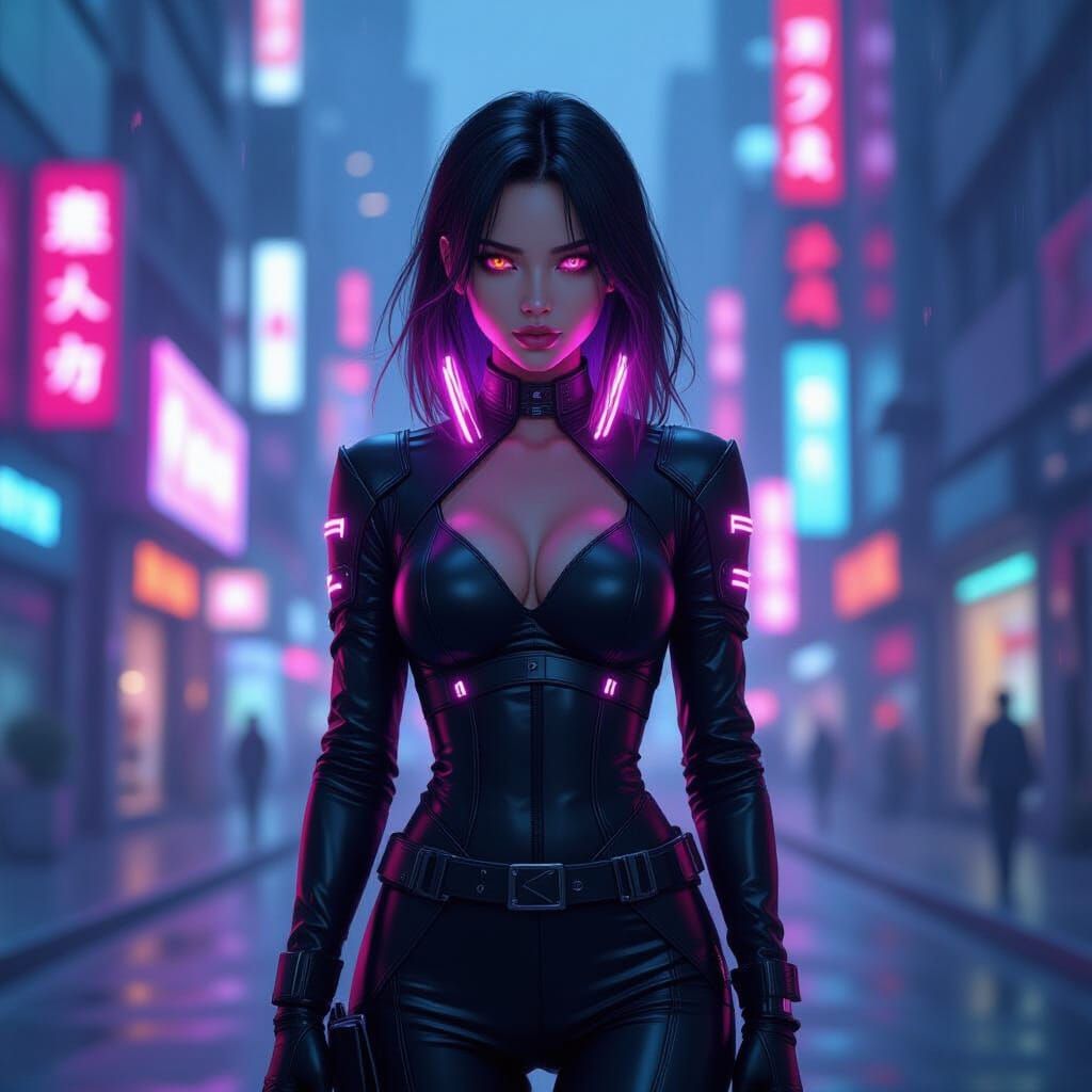 Futuristic Woman in Neon City, Cyberpunk Anime Art
