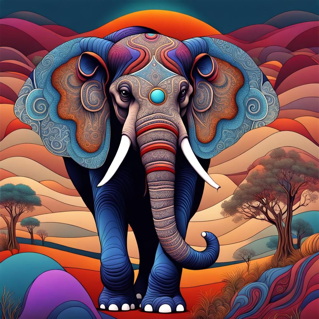 Surreal Elephant Moonscape in Neo-Primitivism Style