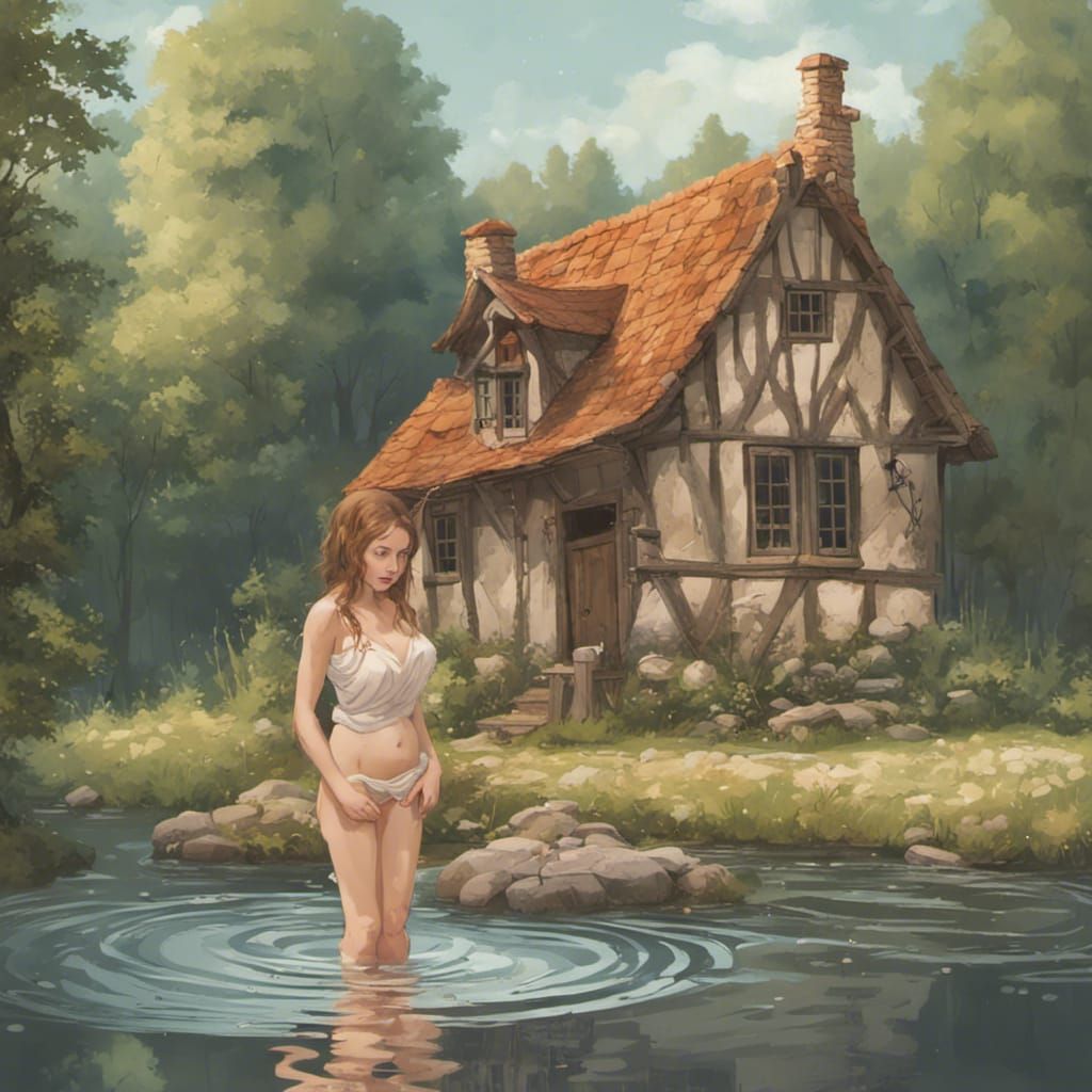 Girl Bathes in River by Medieval Cottage
