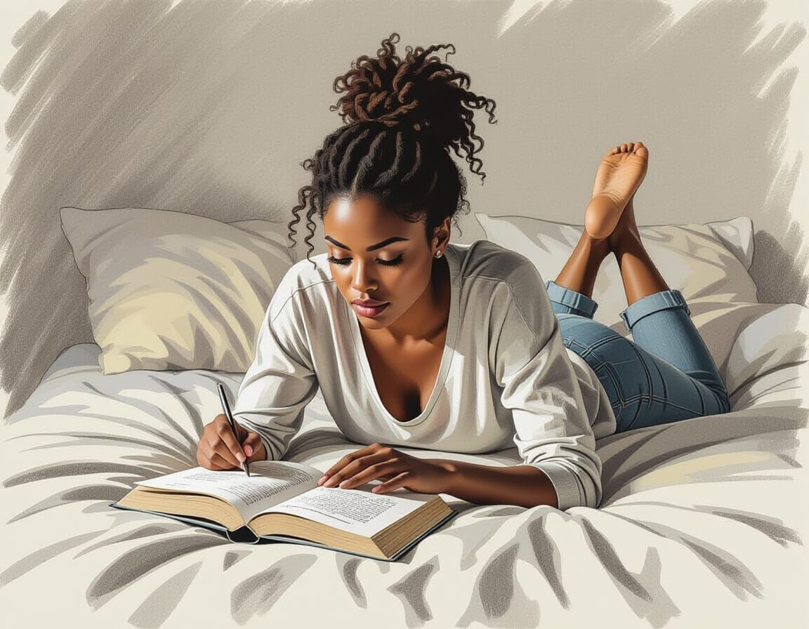 Cozy Reading: African Woman in Expressive Pencil Sketch