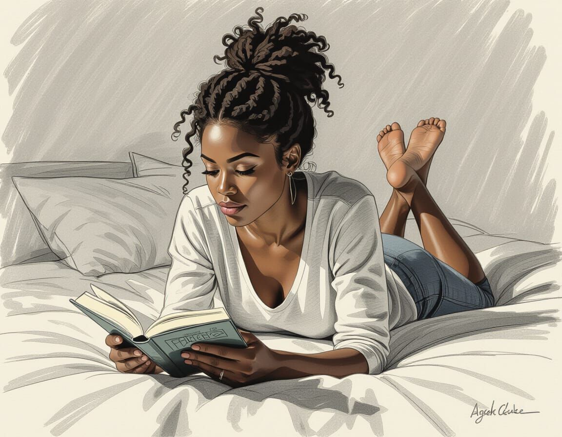African Woman Reading: Expressive Pencil Sketch