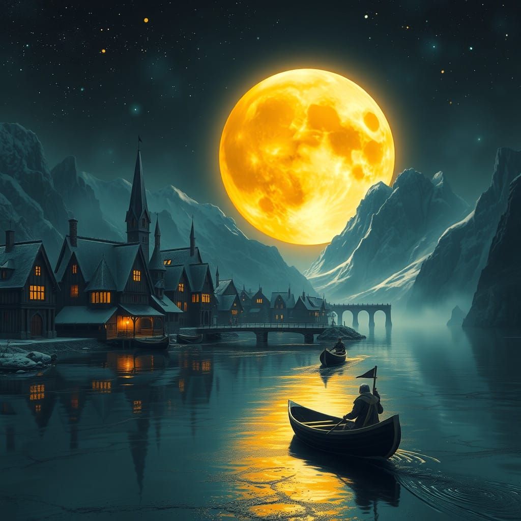 Golden Moon Rises Over Medieval Fantasy Town