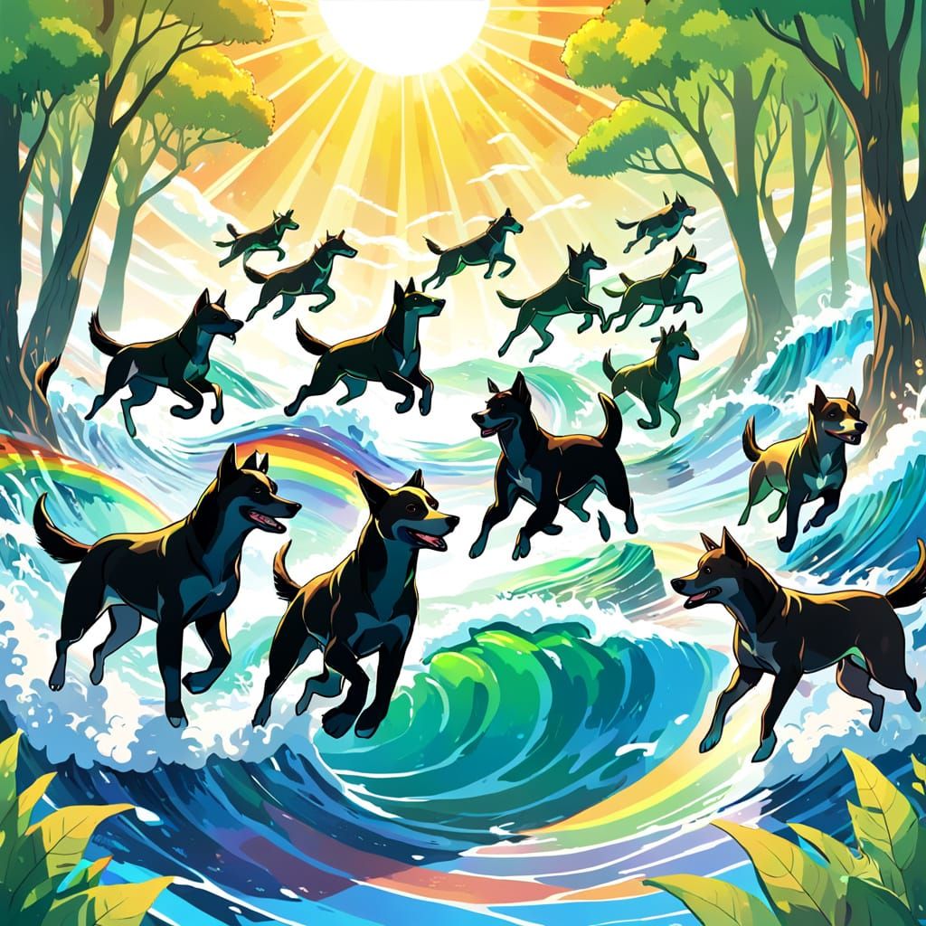 Dogs Leaping Over Rainbow Ocean