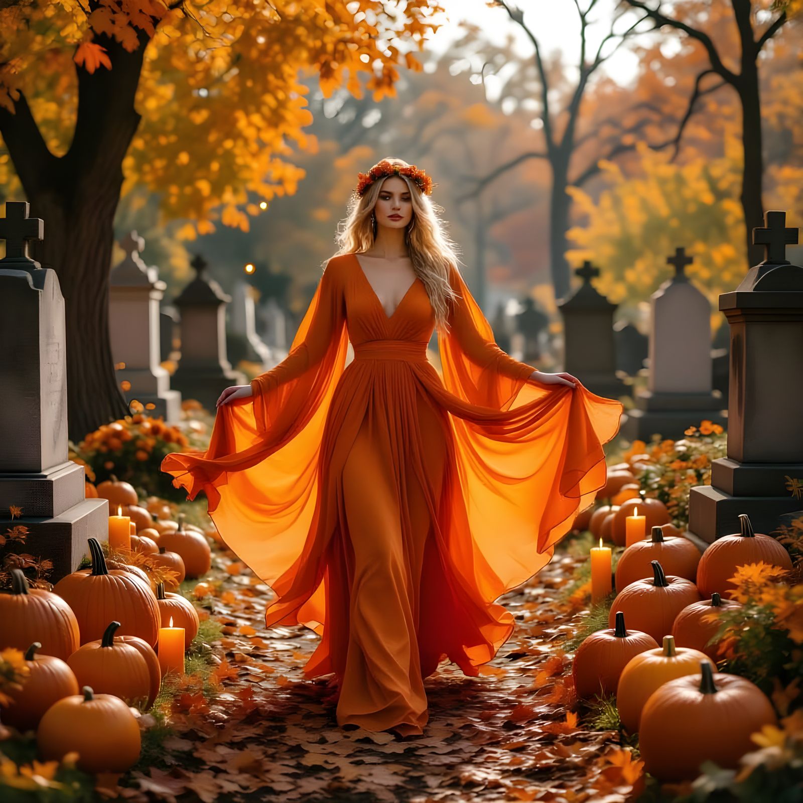 Ethereal Being in Autumn Cemetery with Orange Chiffon