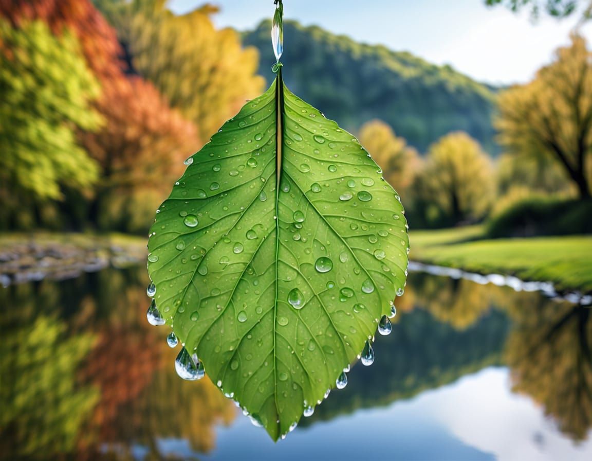 Vibrant Leaf Reflects Serene Landscape in Nature