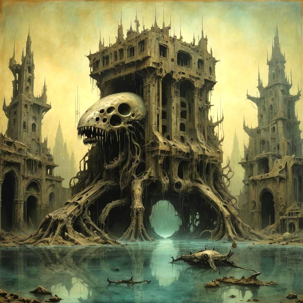 Grimdark Cryptid in Ruined Cityscape