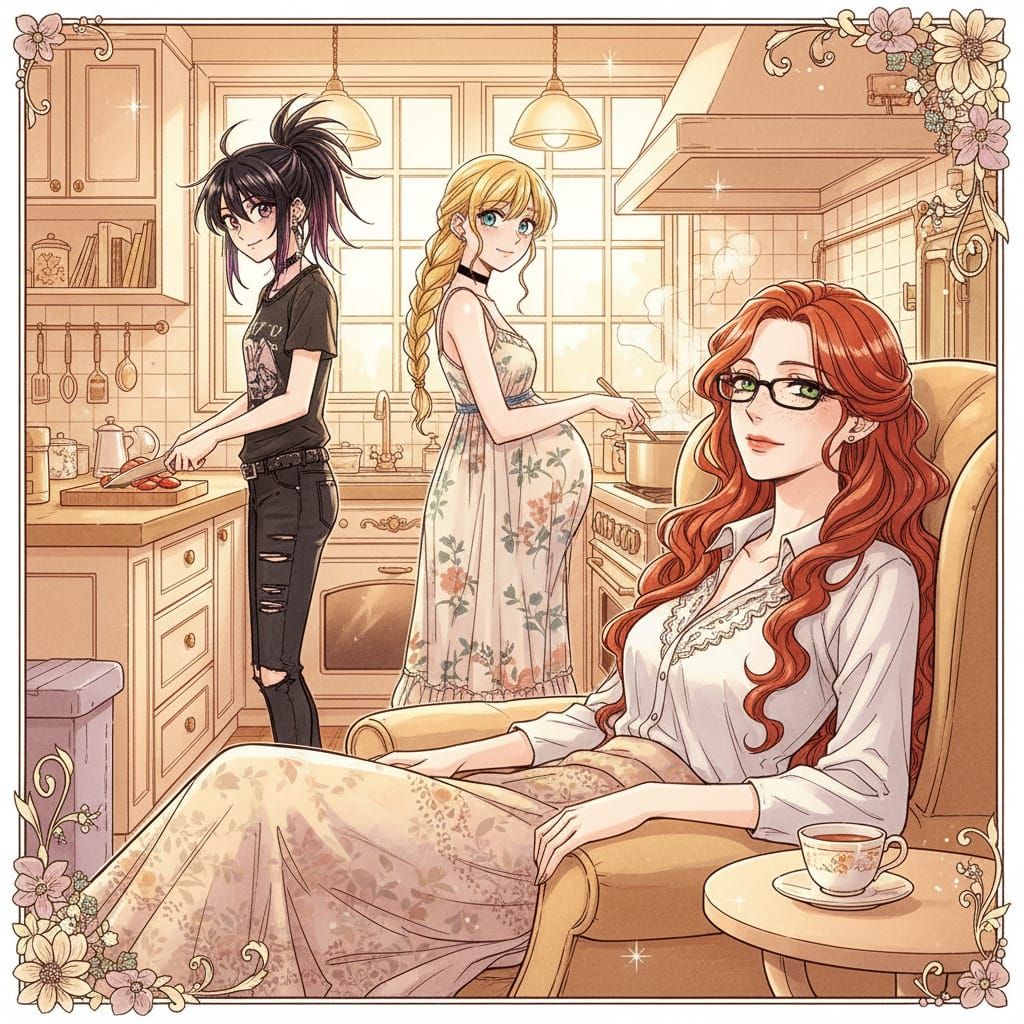 Shoujo Style: Elegant Woman Relaxing with Two Wives