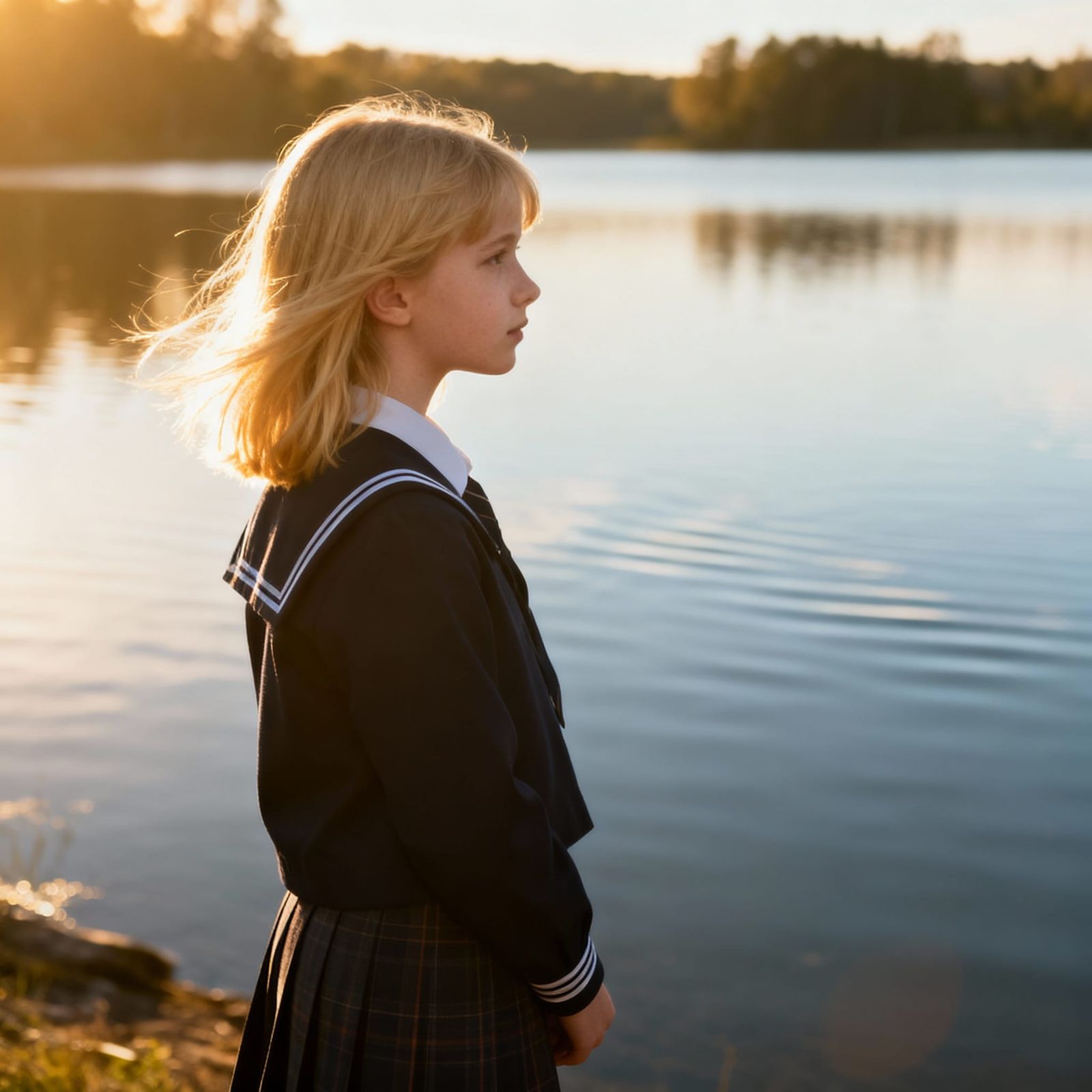 Girl in School Uniform Gazes at Lake