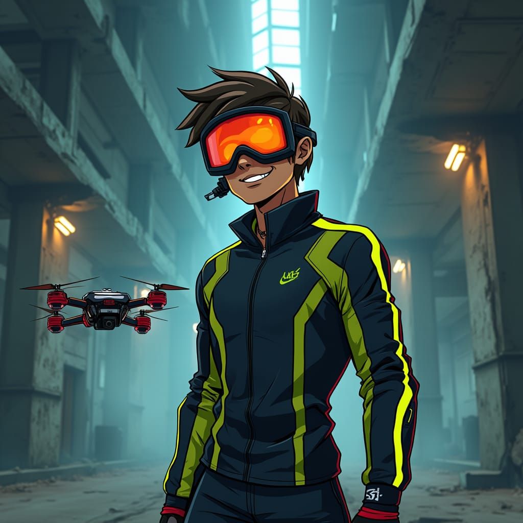 Fearless Drone Pilot in Futuristic Warehouse