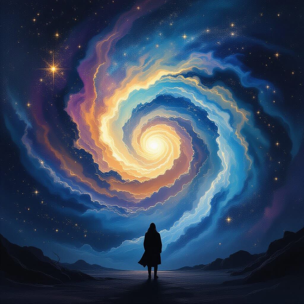 Cosmic Vortex With Lone Figure In Starlight