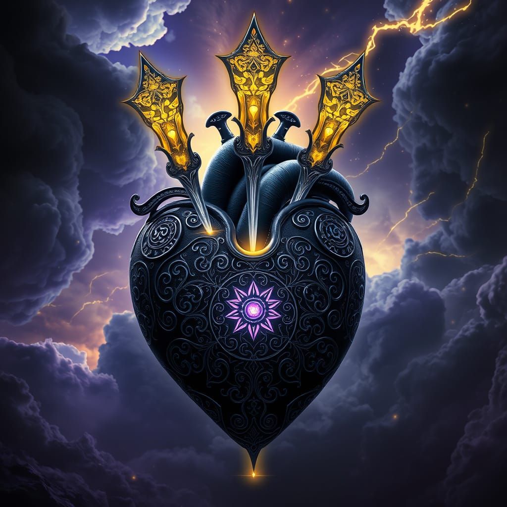 Mystical Heart Pierced by Ethereal Blades in Stormy Skies