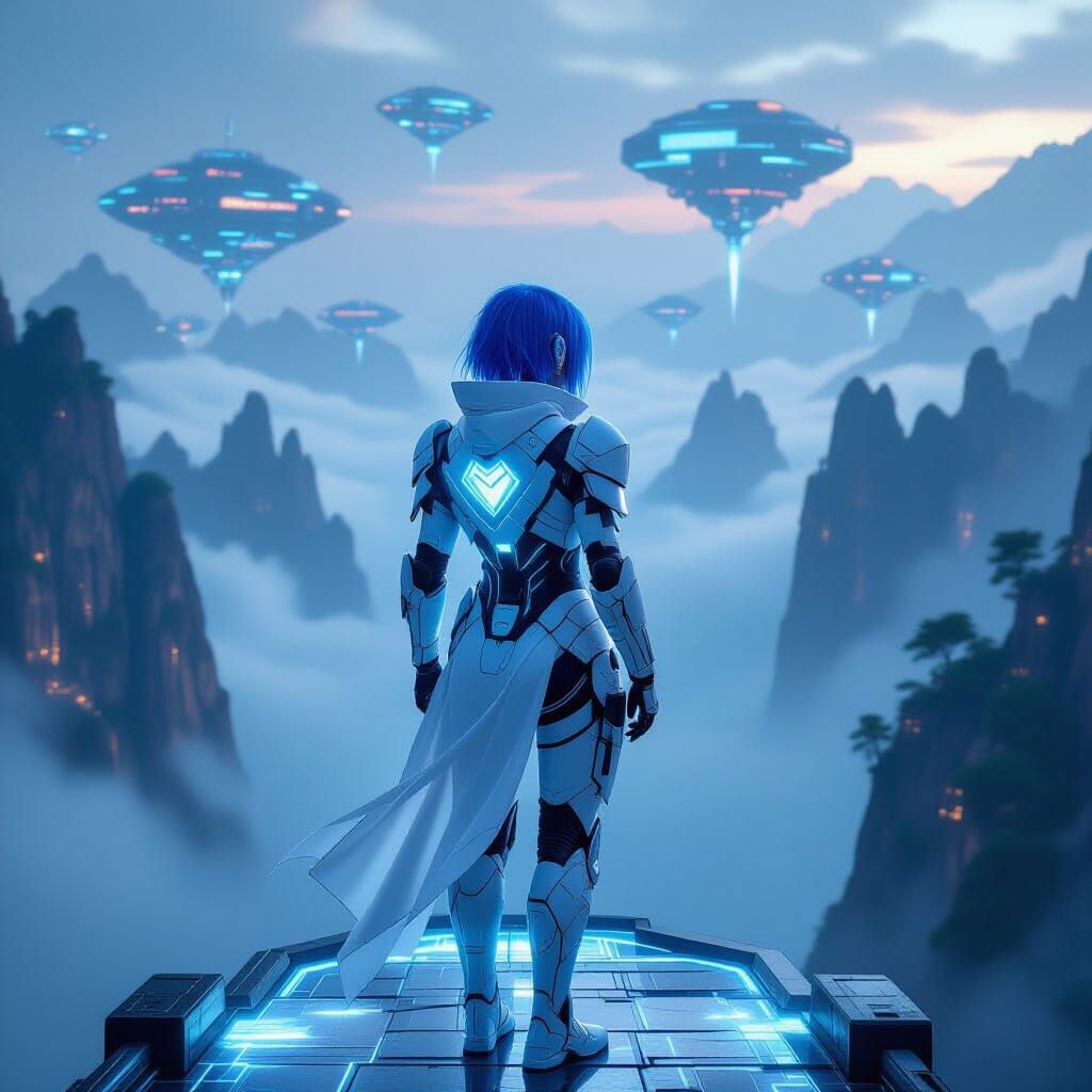 Cyberpunk Warrior on Crystal Bridge