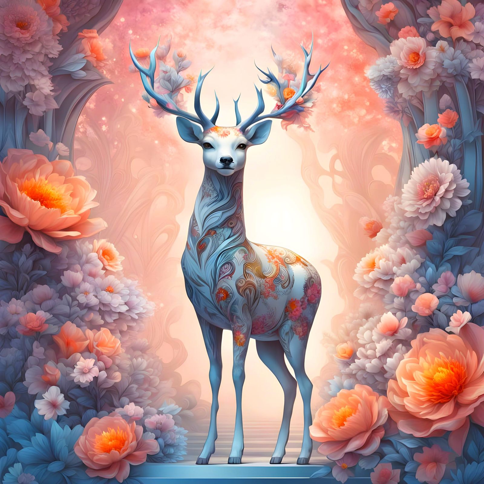 Majestic Deer in Mystical Forest, Biomechanical Anime Style