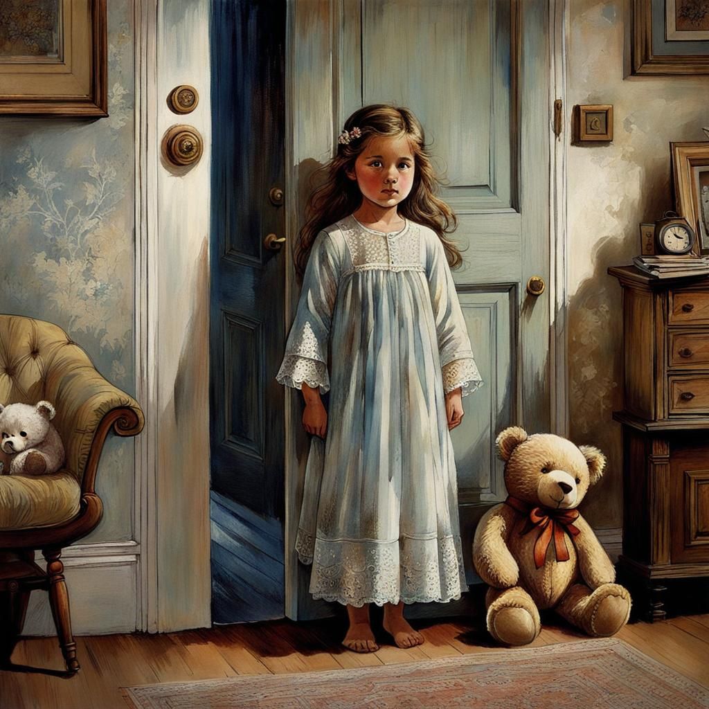 Sleepy Child with Teddy Bear, Intricate Watercolor Art