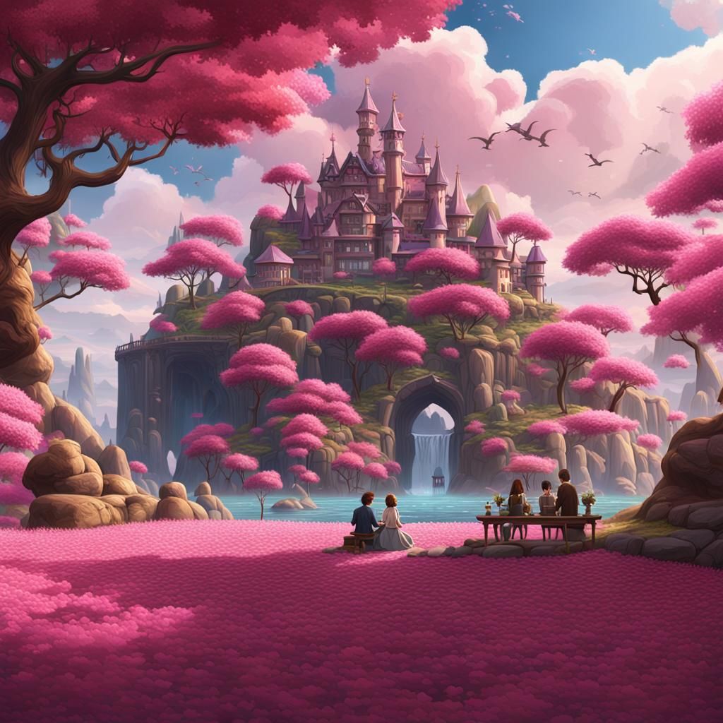 Valentine's Picnic on Pink Island in Ghibli Style