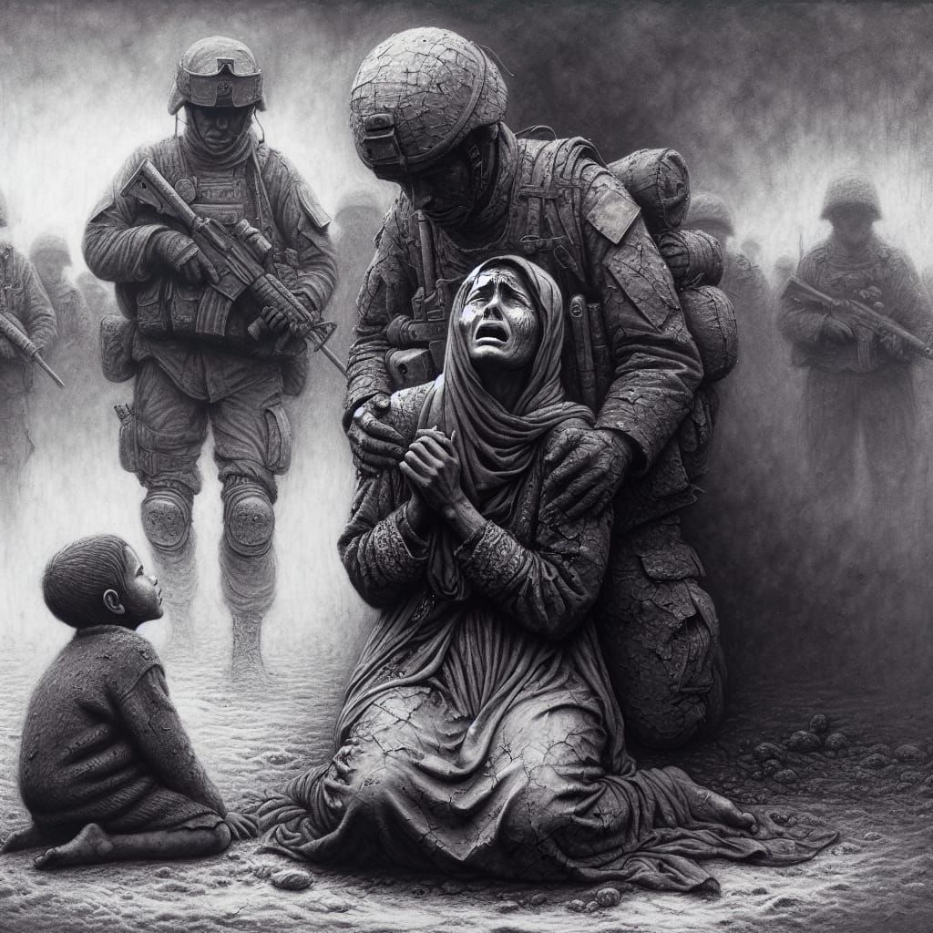 Sorrowful Encounter: Charcoal Drawing of War's Impact