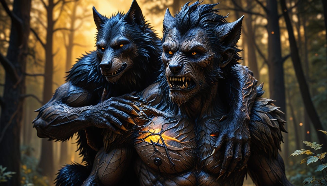 Werewolf Carries Boy: Alcohol Ink Painting with Golden Light