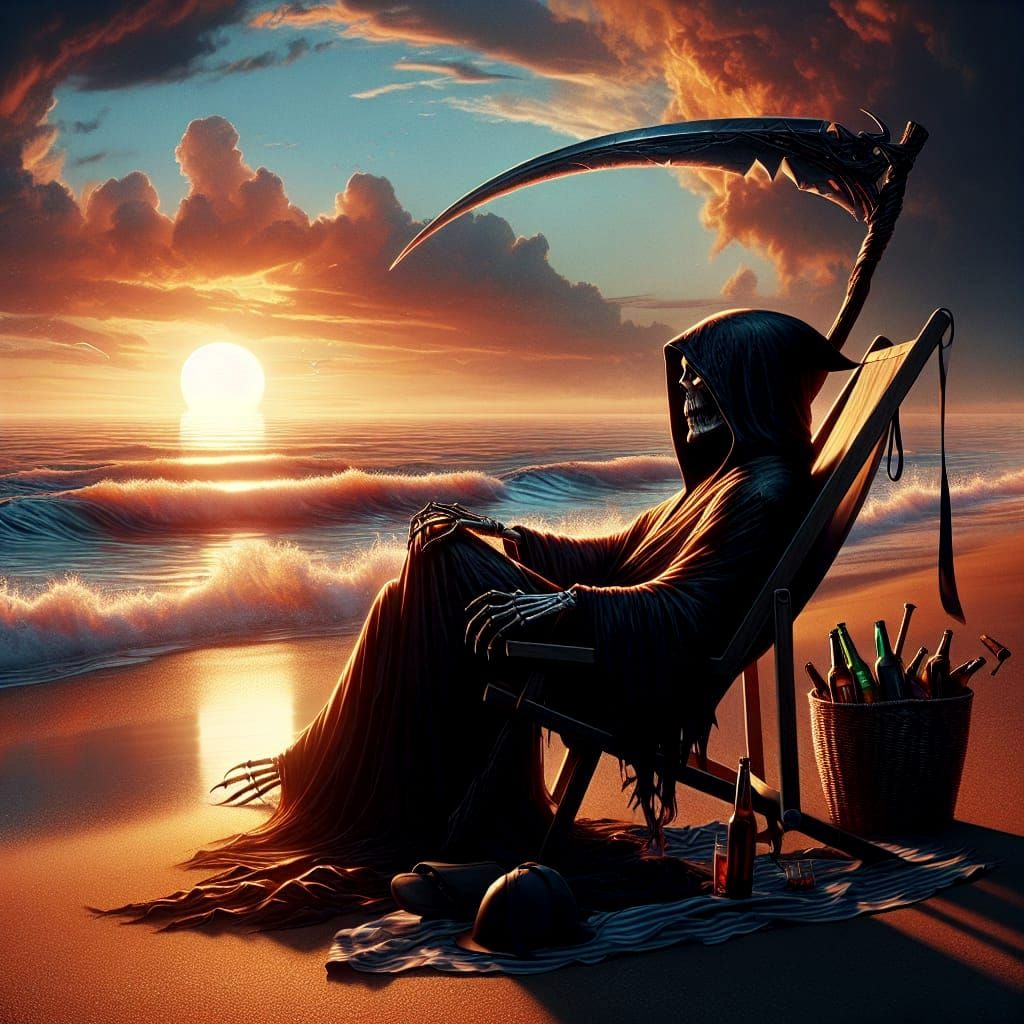 Grim Reaper's Beach Holiday in Detailed Matte Painting Style