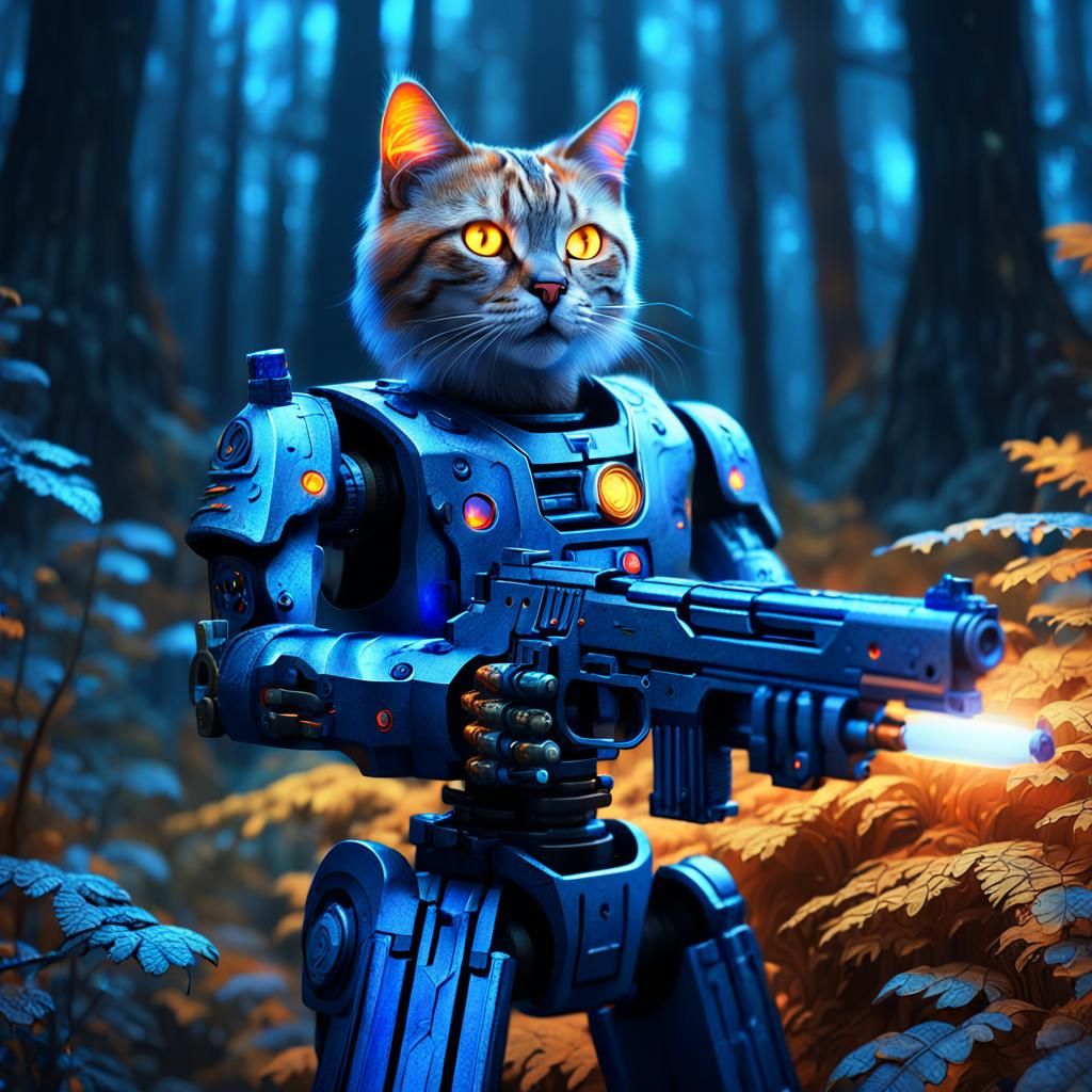 Fantastical Robot Cat with Gun in Dark, Mystical Forest