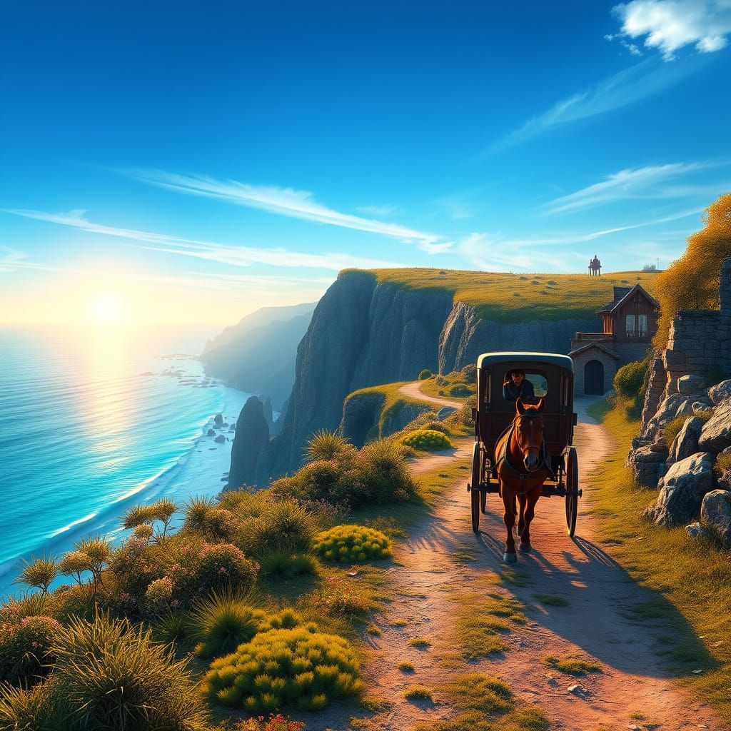 Coastal Carriage Ride at Sunset: Fantasy Concept Art