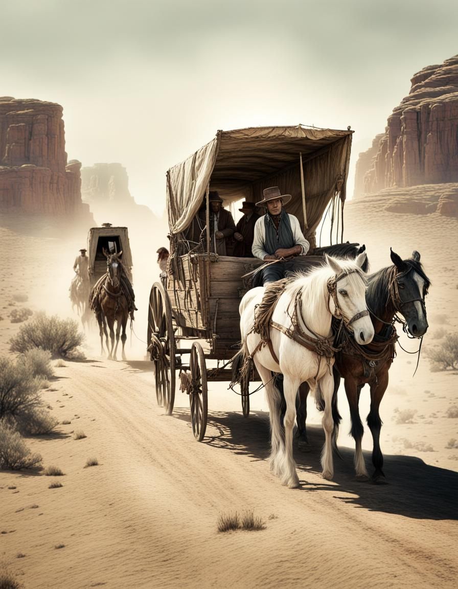 Old and worn photograph 1800s. Wagon caravan of the colonos ...