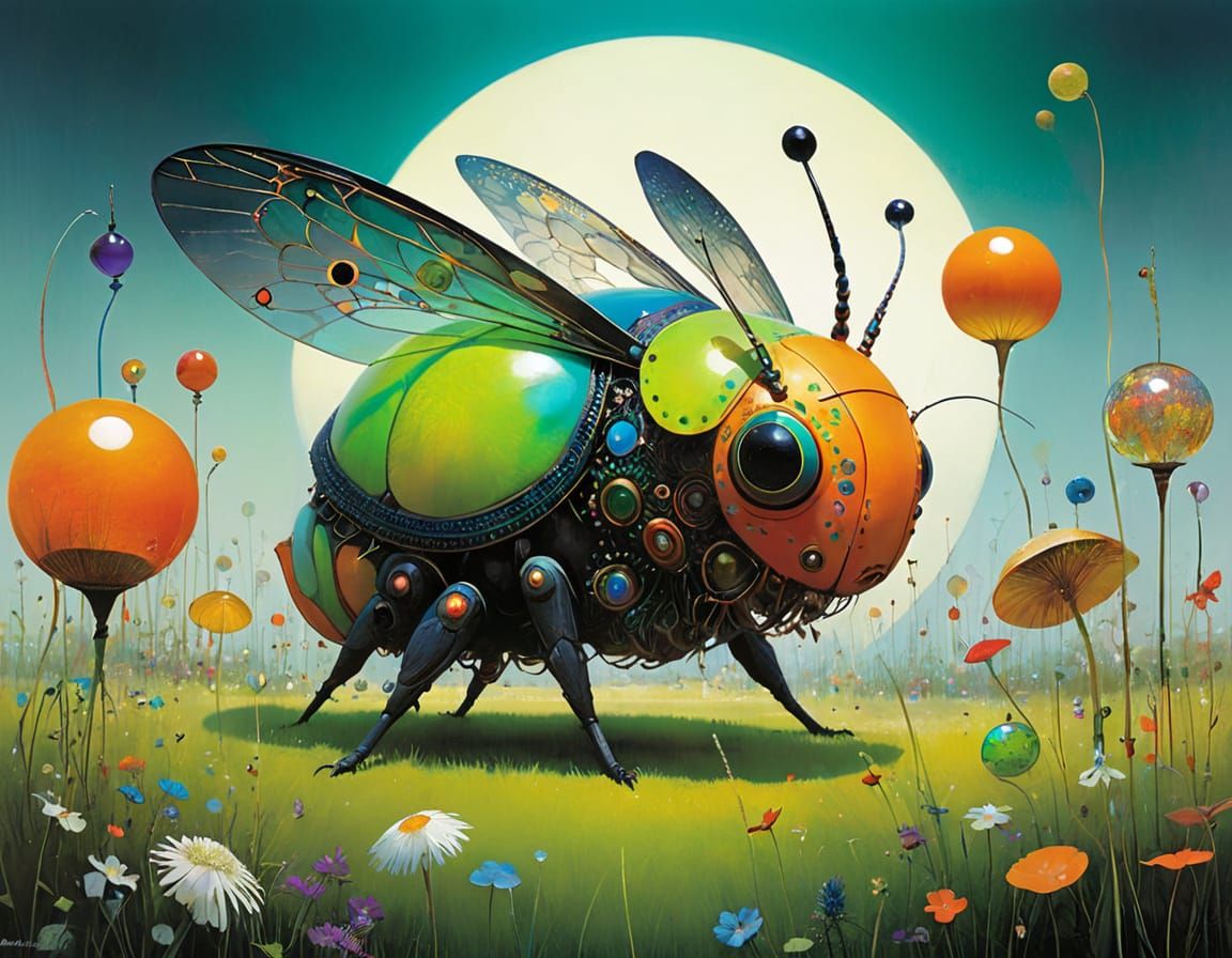 Joyful Bug Creature Among Giant Marbles