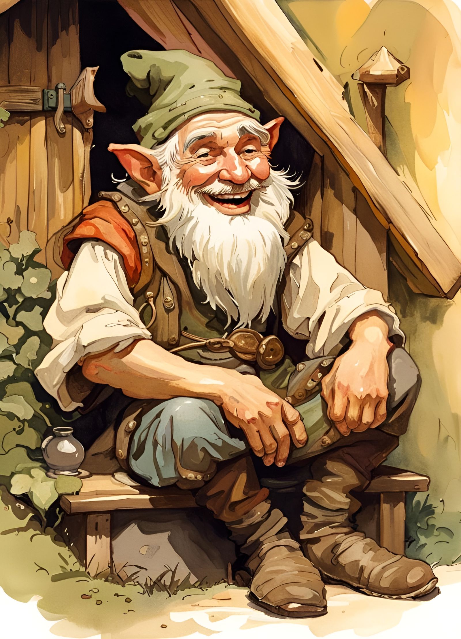 Cozy Hut Gnome Portrait in Art Nouveau Style