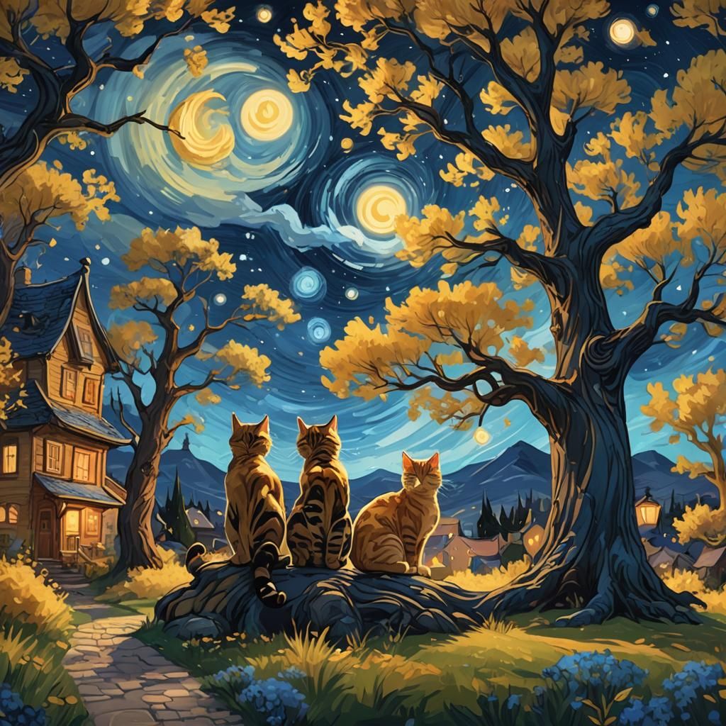 Cats Under Starry Night: A Digital Art Dreamscape