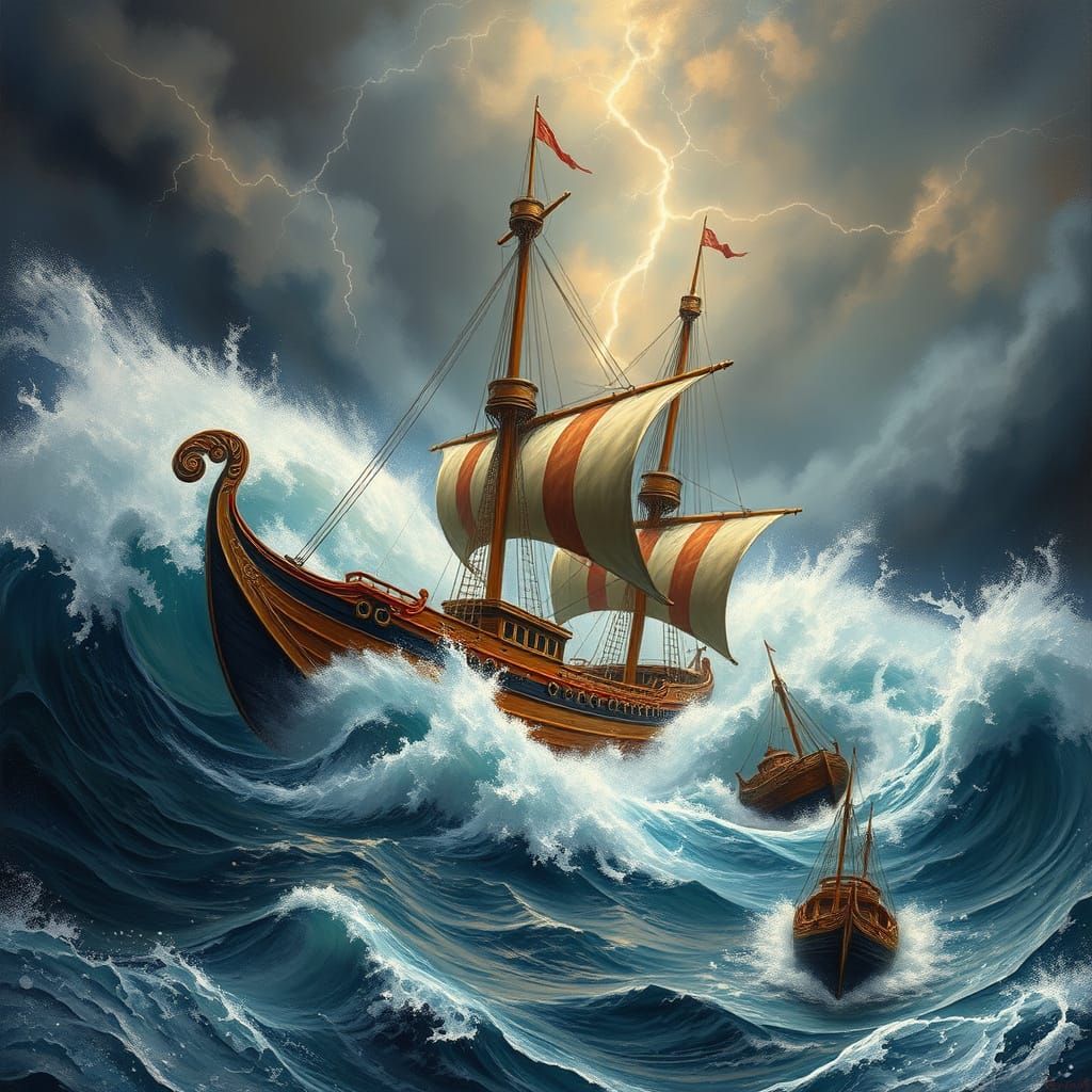 Majestic Wooden Ship Battles Tidal Surge in Open Ocean