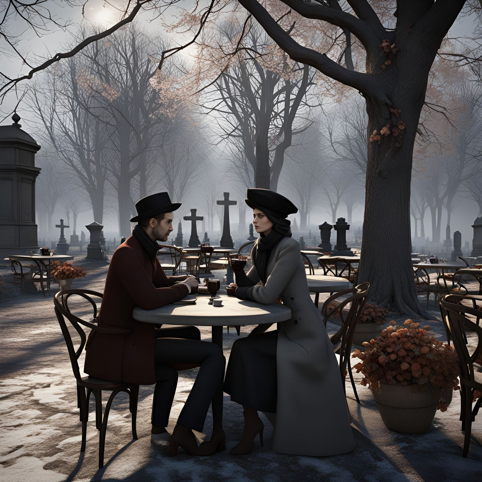 French Cafe Scene with Winter Cemetery Backdrop