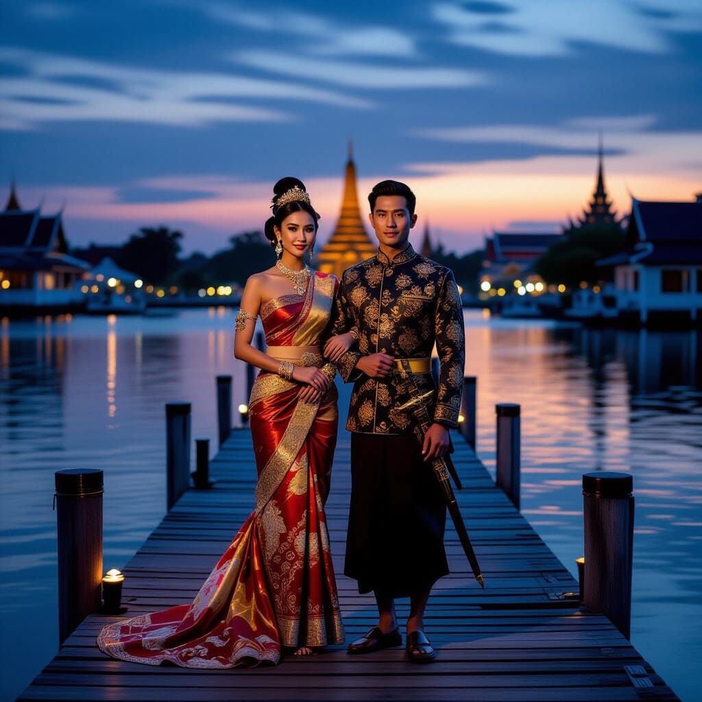 Romantic Thai Noble Couple at Twilight, Cinematic Photograph...