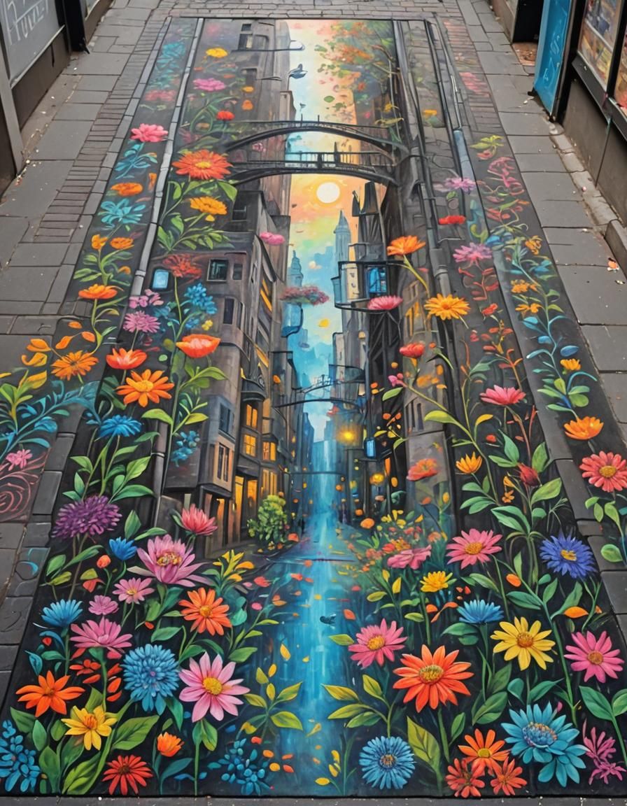 Vibrant Chalk Street Art in Monet Style
