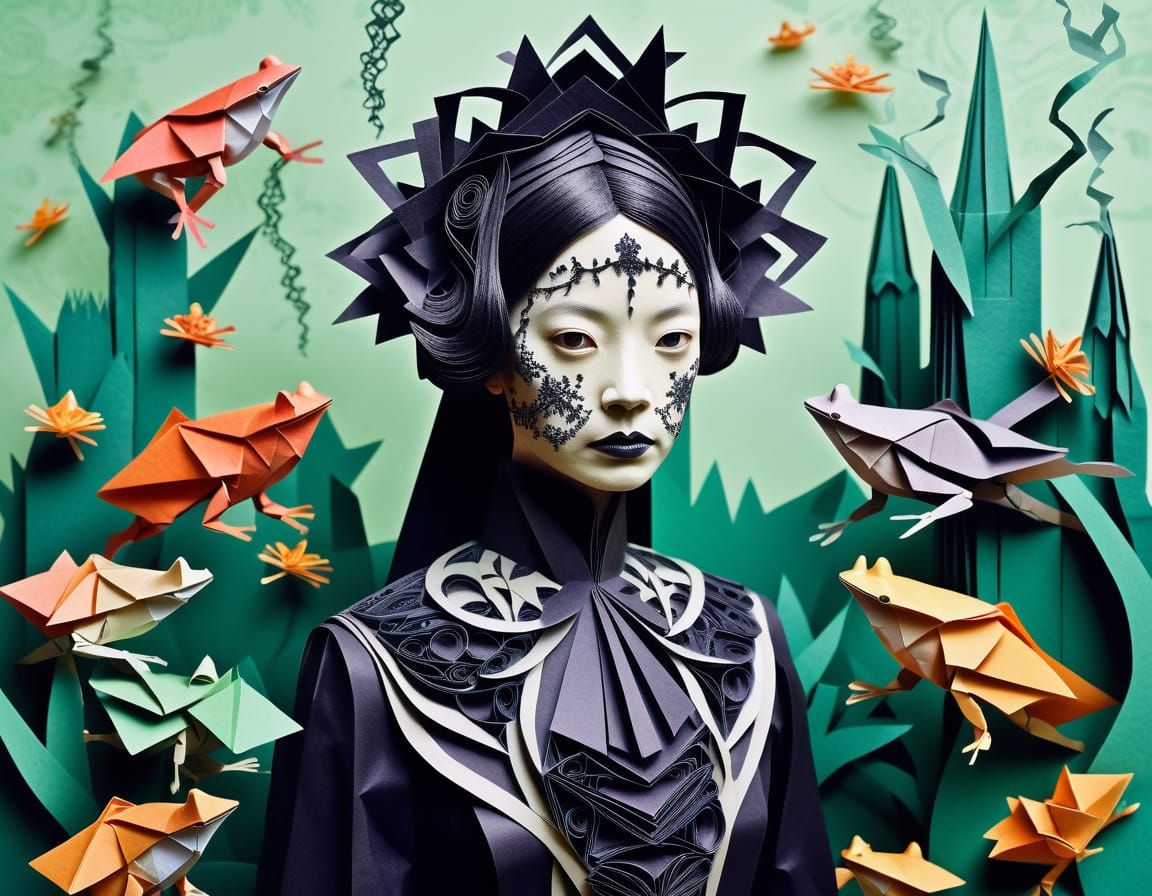 Papercraft Collage: Gothic Woman with Origami Frog